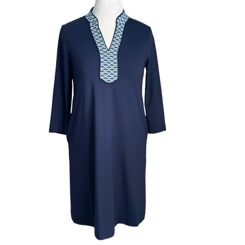 J. McLaughlin Carmine Dress 3/4 Sleeves Split Neck Navy Blue Catalina Cloth Sz.S